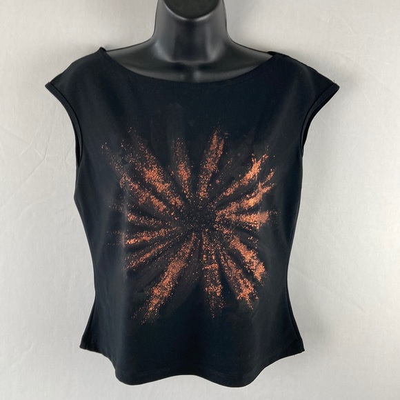 Eye Candy size Large top, black and copper orange, Sunburst glitter design - Picture 1 of 4